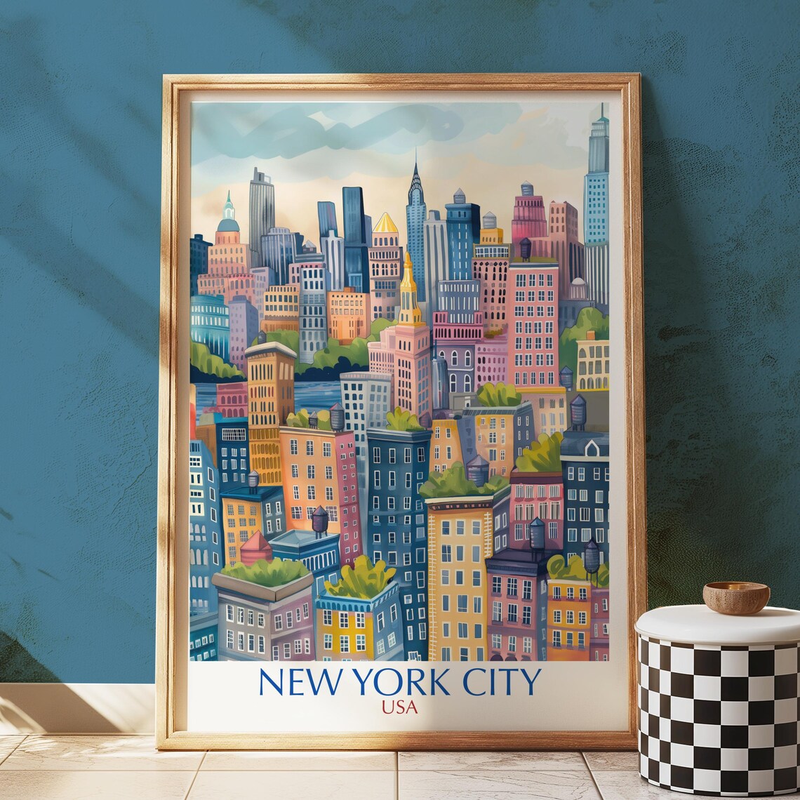 New York City Manhattan Skyline Colorful Illustrated USA Poster