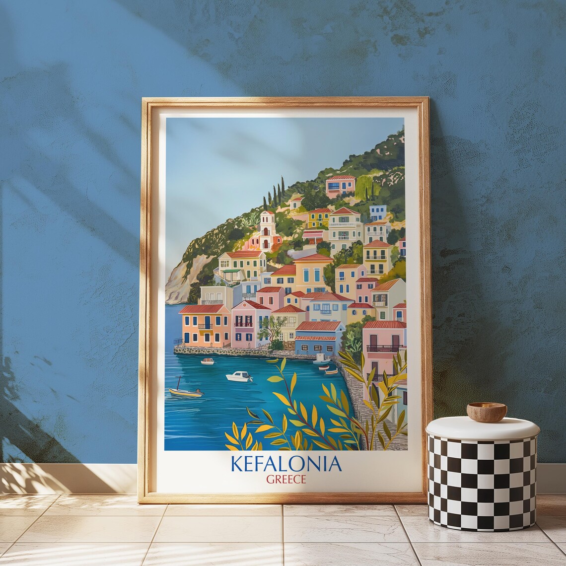 Kefalonia Greece Mediterranean Coastal Village Harbor Travel Poster
