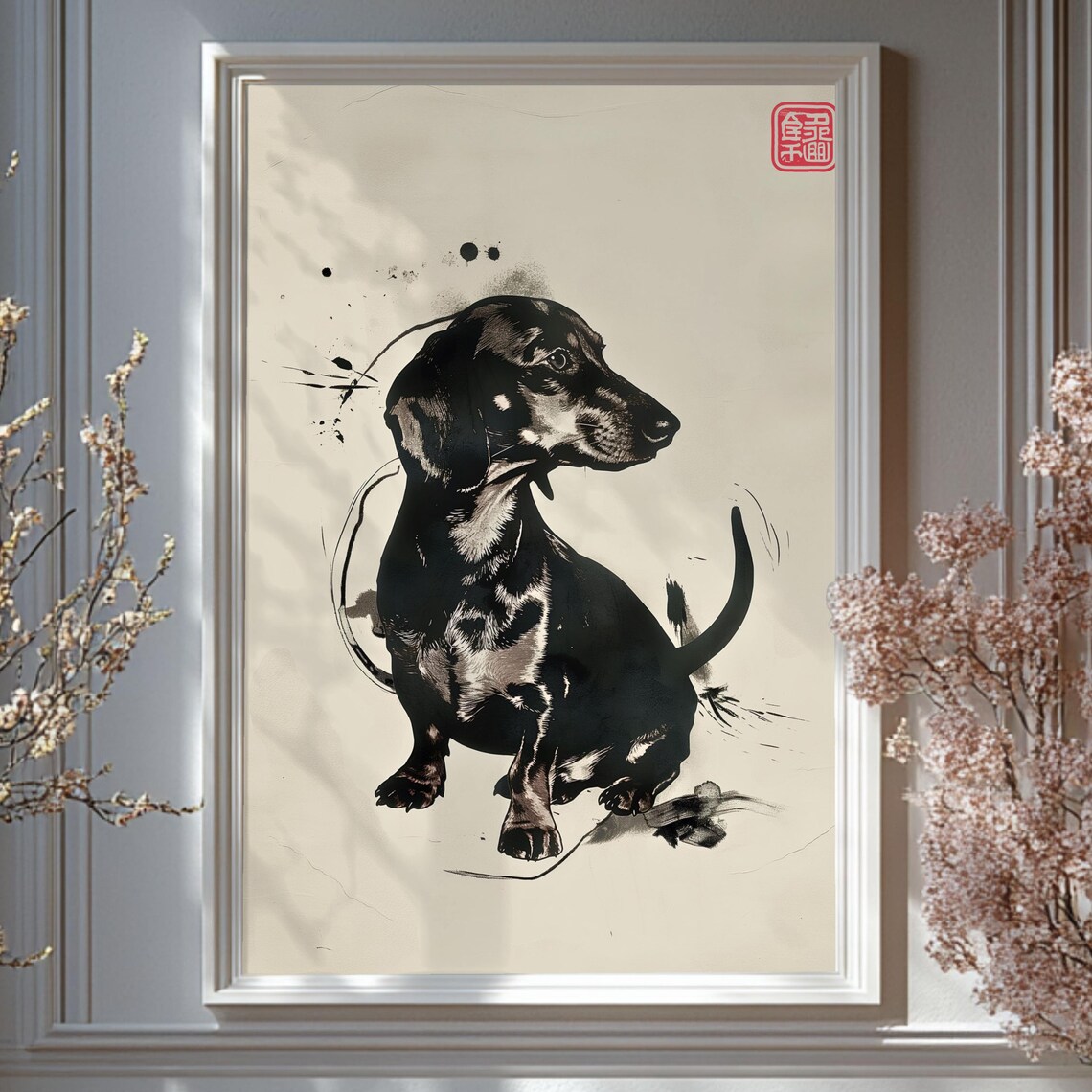 Dachshund Asian Ink Brush Style Minimalist Dog Painting Poster