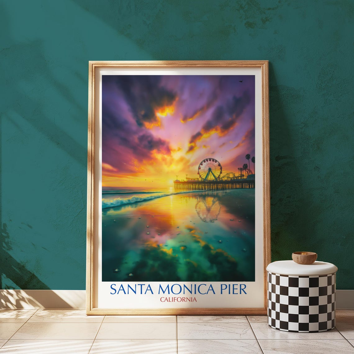 Santa Monica Pier California Sunset Ferris Wheel Poster Design Artwork