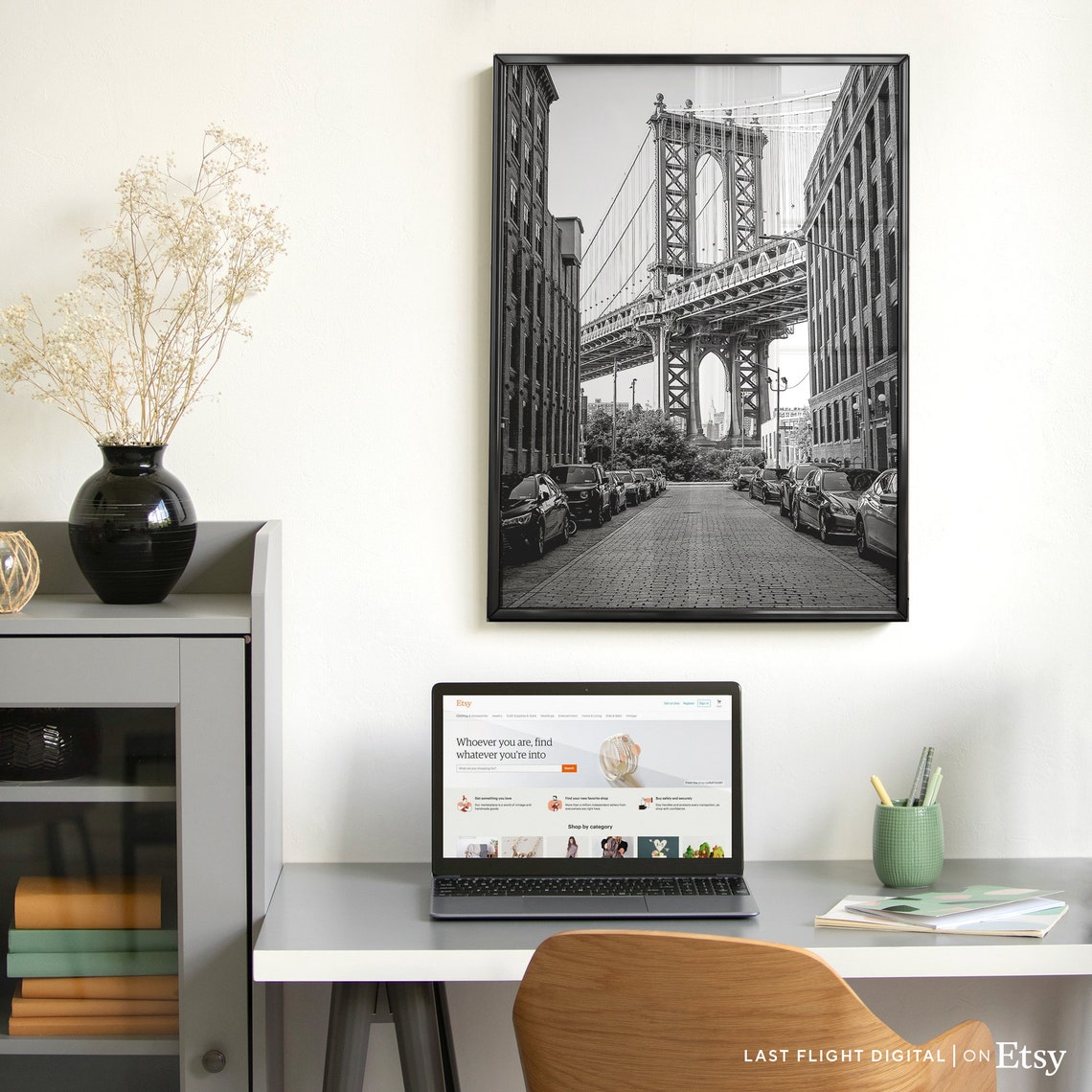 Manhattan Bridge Dumbo Brooklyn Street View Black And White Poster - Image 3