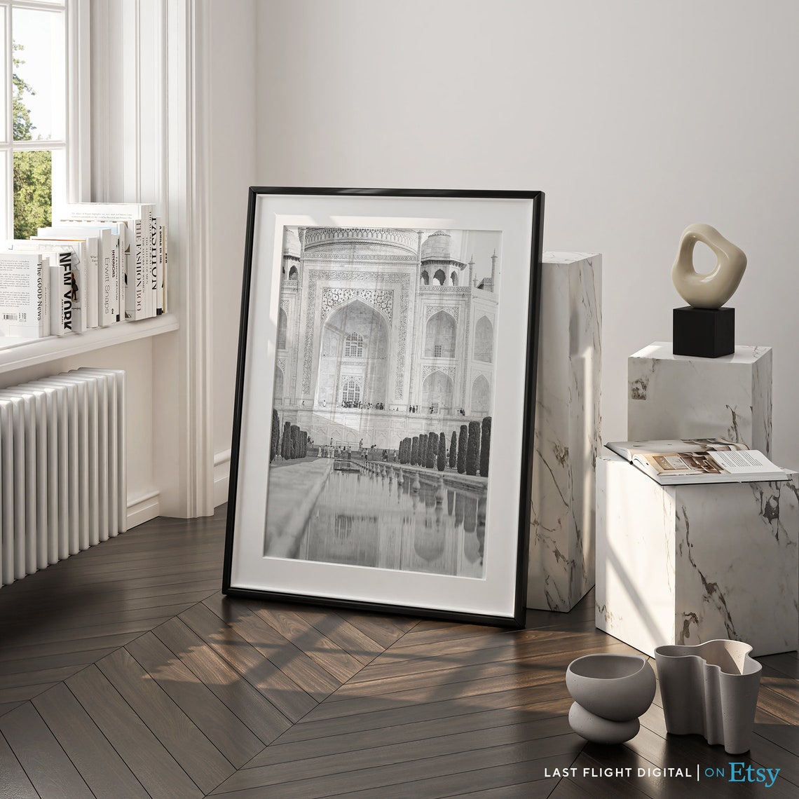 Agra India Taj Mahal Marble Facade Reflection Pool Black White Poster - Image 3