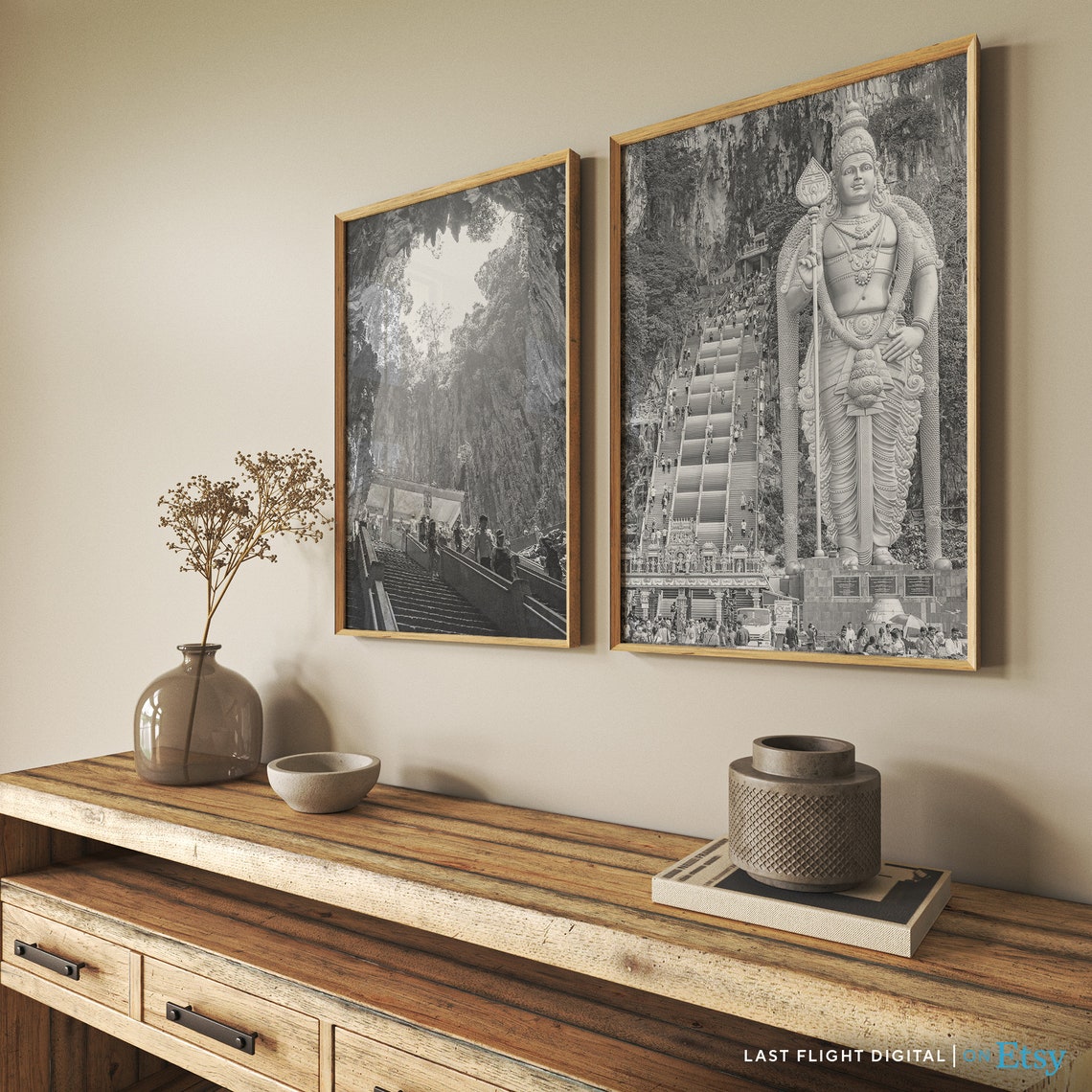 Batu Caves Malaysia Lord Murugan Statue Stairs Black White Poster - Image 4