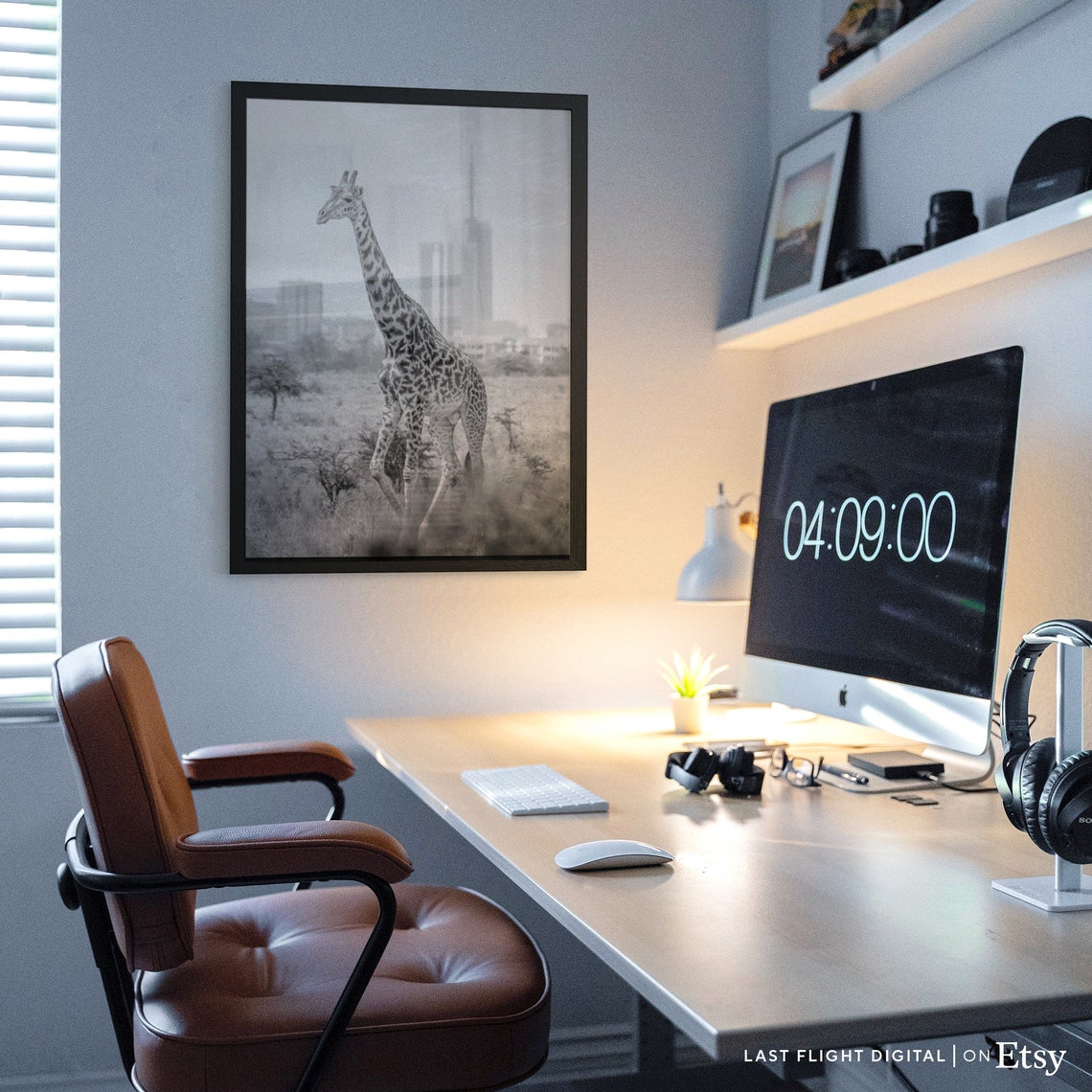Nairobi Kenya Giraffe City Skyline Safari Black And White Photo Poster - Image 2