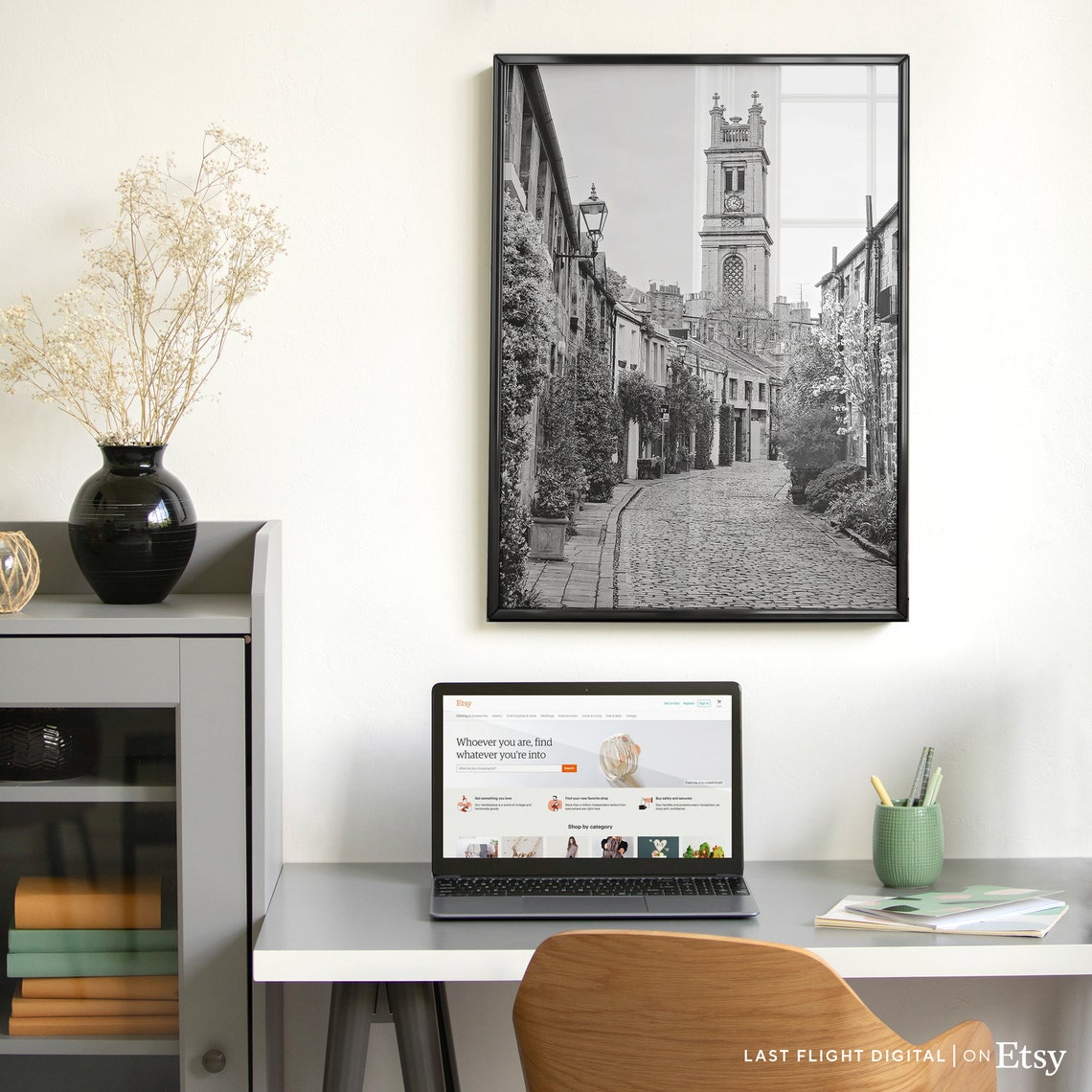 Scotland Edinburgh Circus Lane Cobblestone Street Black White Poster - Image 3