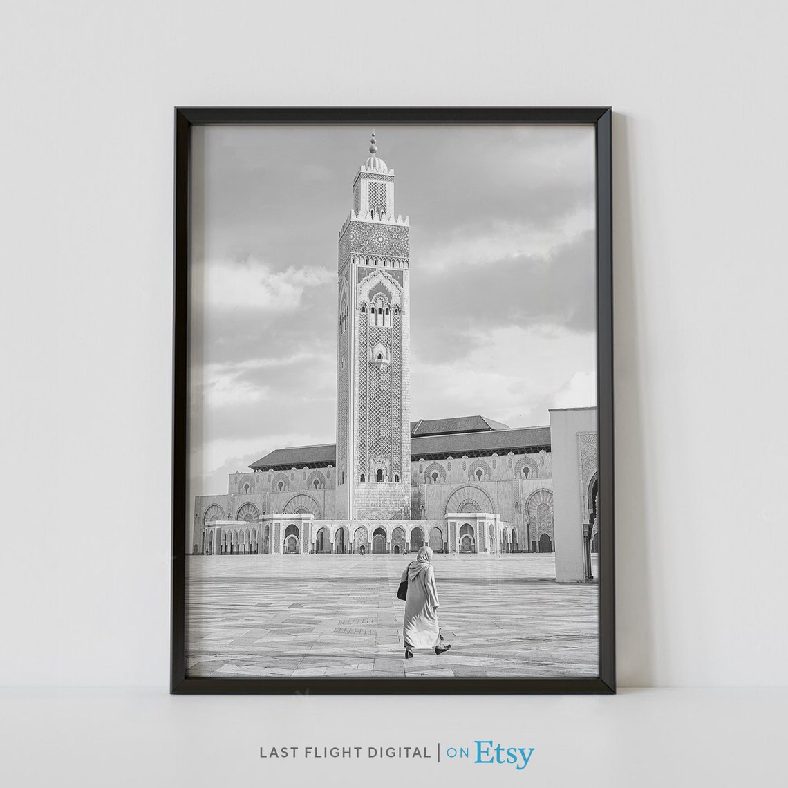 Casablanca Hassan II Mosque Minaret Black And White Photo Poster