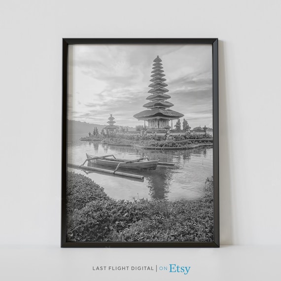 Bali Poster Indonesia Poster Bali Wall Art Ulundanu Temple Indonesia Print Bali Print Black White Photography Asia Tropical Forest