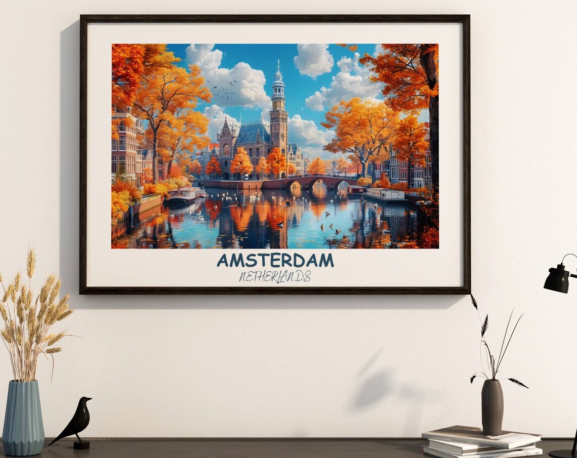 Amsterdam Netherlands Autumn Canal Bridge Fall Colors Travel Poster
