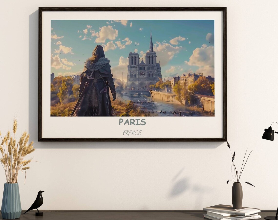 Paris Notre Dame Across the Seine Cloaked Figure Cinematic Poster
