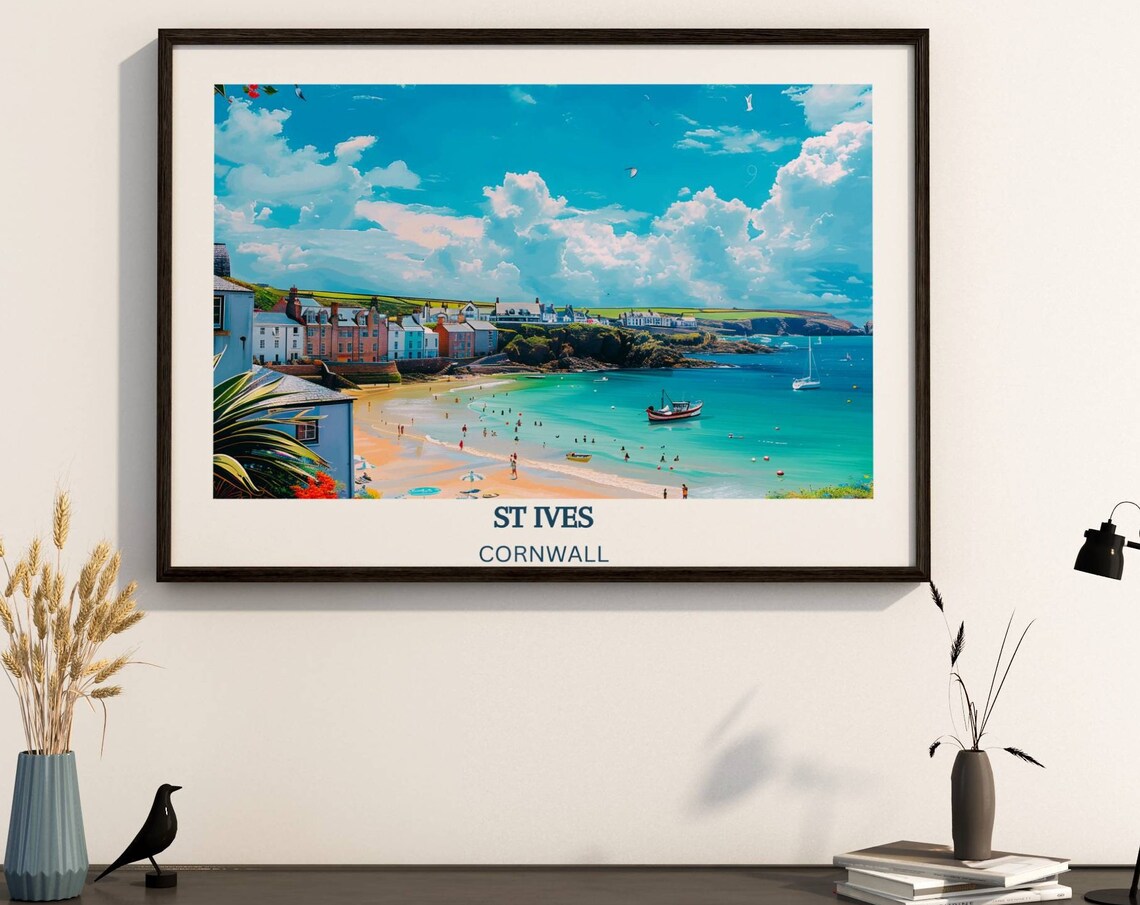St Ives Cornwall Beach Town With Boats And Blue Sea Landscape Poster