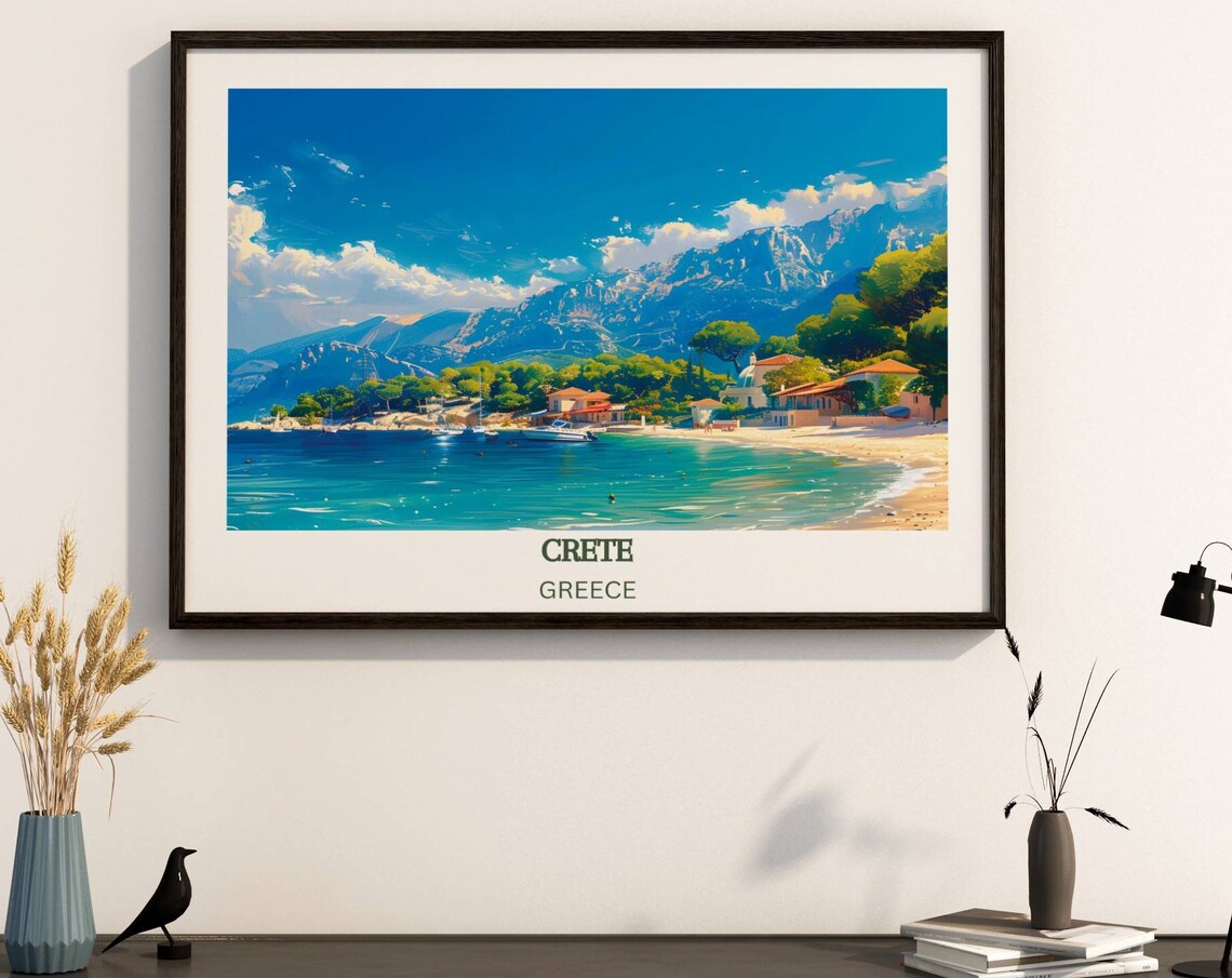 Crete Greece Mountain Bay Turquoise Sea Serene Beach Travel Poster