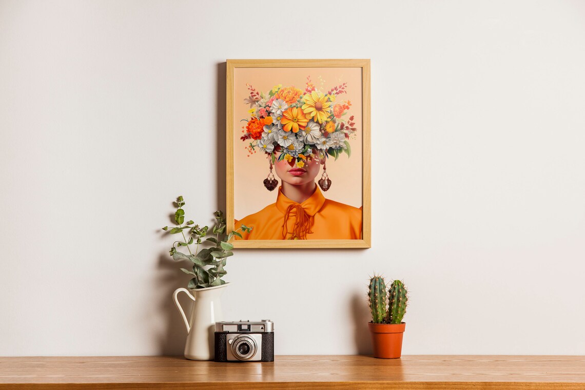 Frida Kahlo Inspired Orange Flower Portrait Poster Woman Bloom Art - Image 2