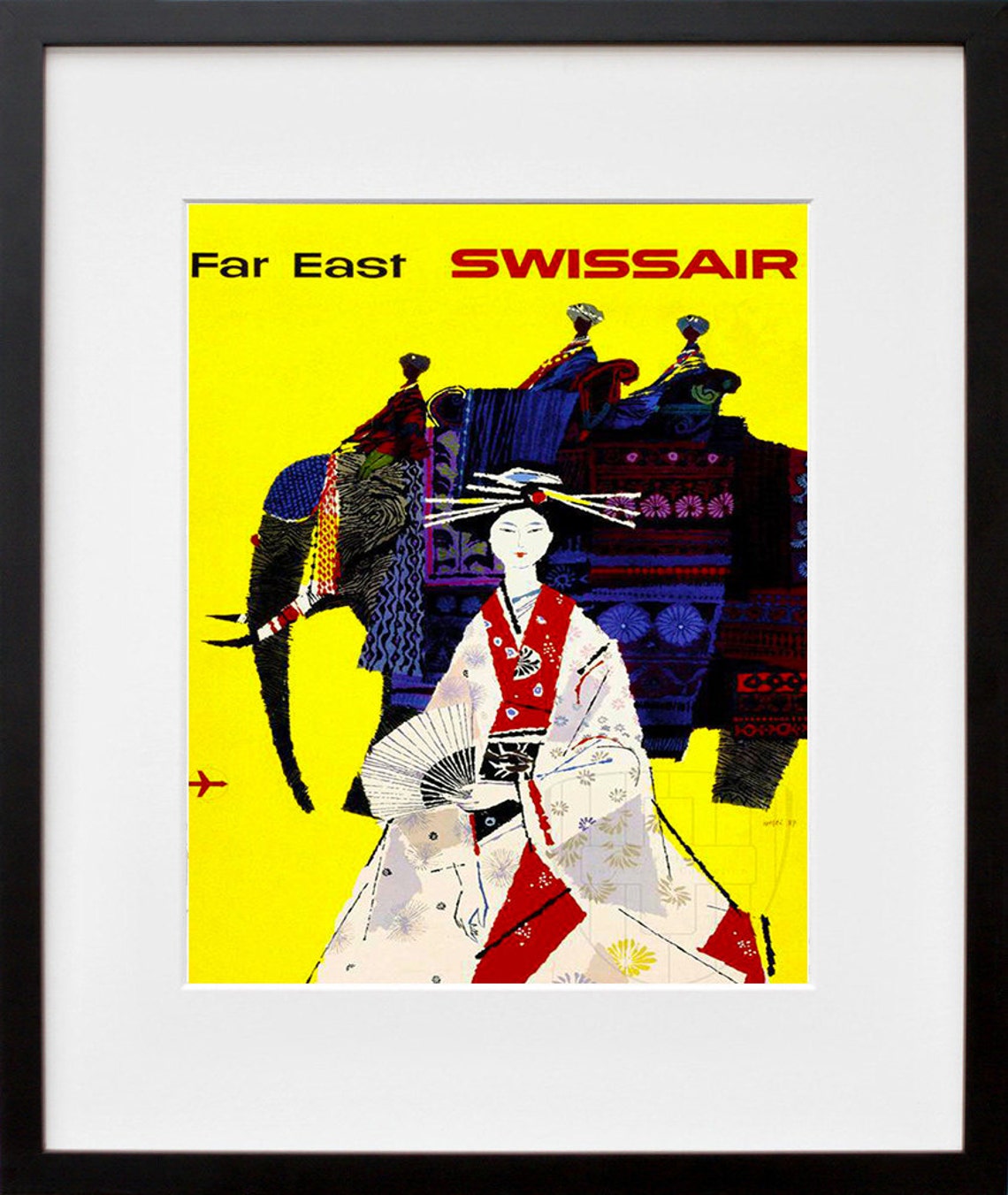 Swissair Far East Yellow Geisha Elephant Vintage Airline Poster