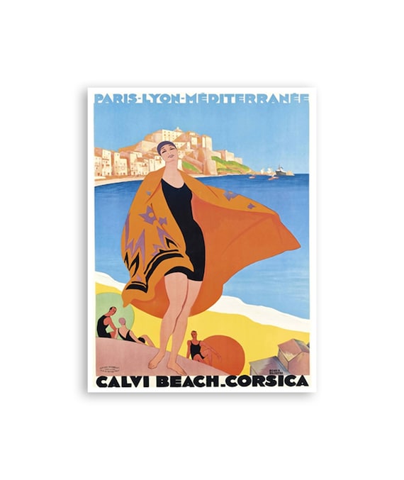 Corsica Calvi Beach Citadel Art Deco Roger Broders Travel Poster