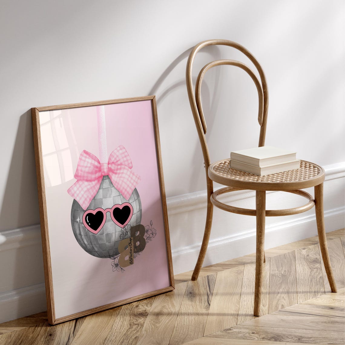 Disco Ball with Pink Bow and Heart Sunglasses Retro Party Poster