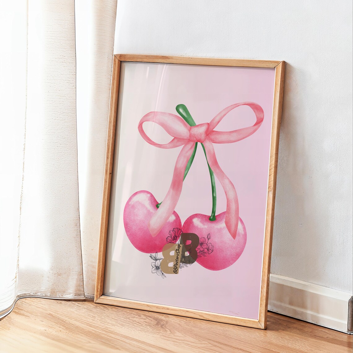 Pink Watercolor Cherries with Soft Pink Bow Fruit Art Poster