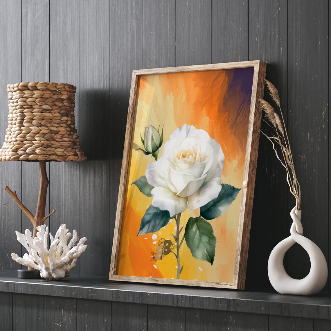 White Rose on Fiery Orange Gradient Watercolor Floral Poster