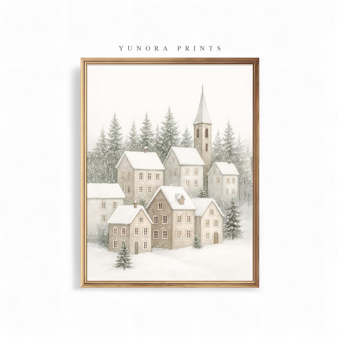 Watercolor Snowy Village Church Winter Wonderland Holiday Poster