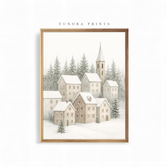 Watercolor Snowy Village Church Winter Wonderland Holiday Poster