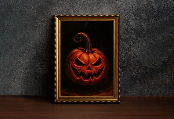 Halloween Jack O Lantern Print Creepy Pumpkin Oil Painting Spooky Poster Dark Academia Macabre Wall Art