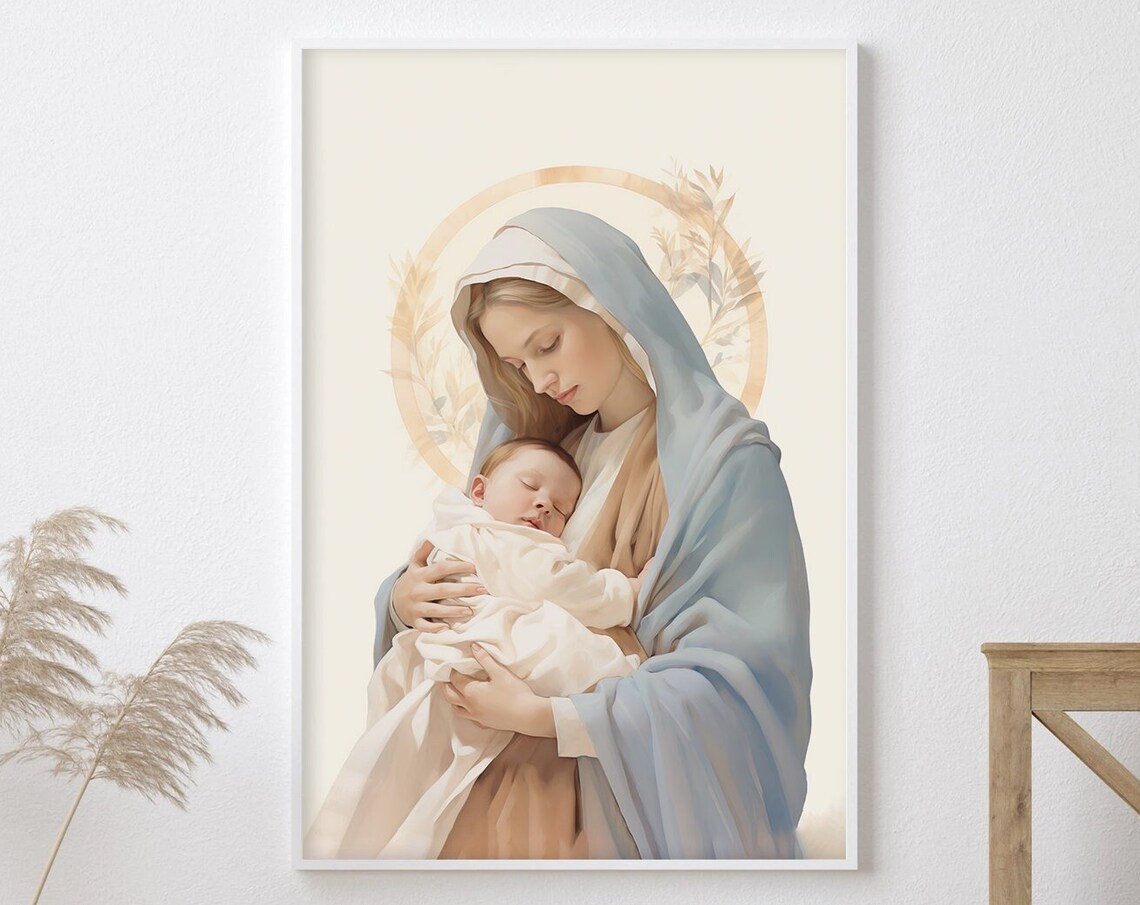 Mother Mary Cradling Baby Jesus in Soft Watercolor Devotional Art Poster
