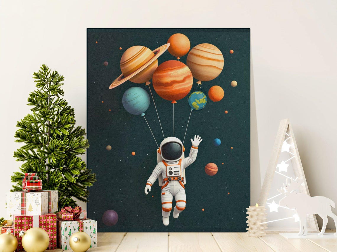 Astronaut Holding Planet Balloons Fun Kids Space Room Poster - Image 2