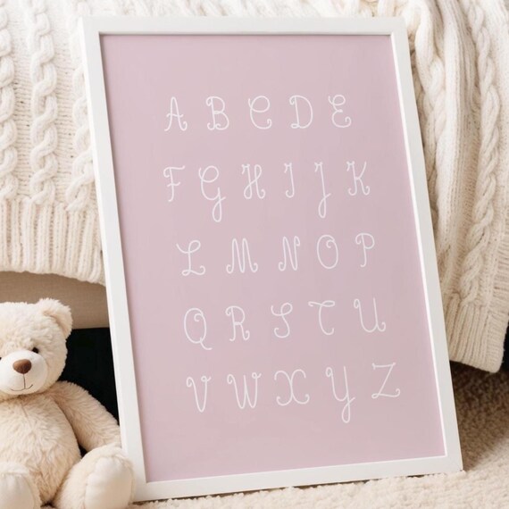 Pastel Pink Full Alphabet A to Z Script Letters Nursery Wall Art