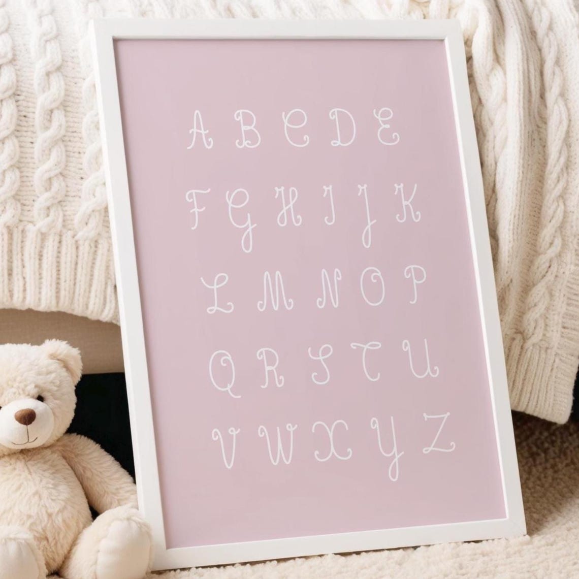 Pastel Pink Full Alphabet A to Z Script Letters Nursery Wall Art