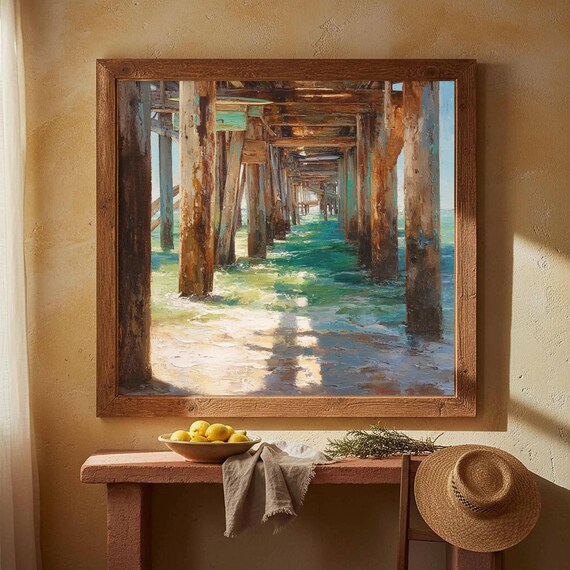 Under Pier Wooden Pillars Ocean Waves Coastal Painting Poster