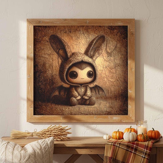 Cute Bat Bunny Art Print Chibi Gothic Wall Decor