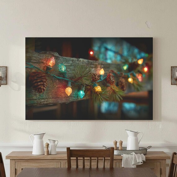 Rustic Christmas String Lights Mantel Holiday Photography Art Poster