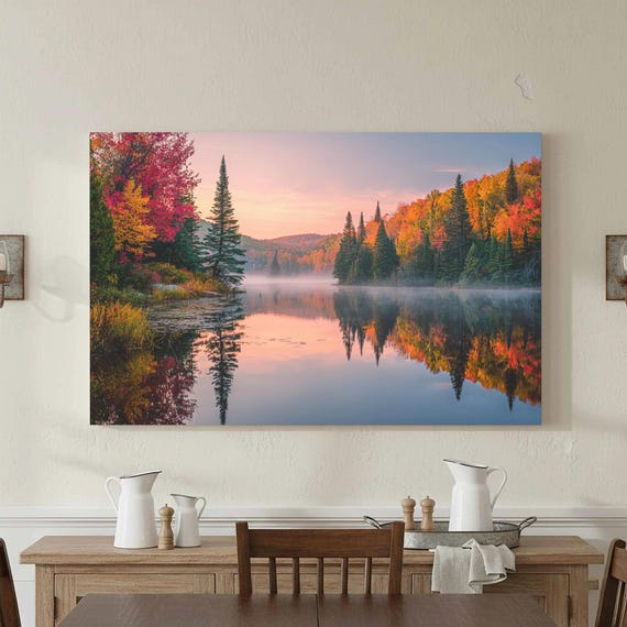Autumn Lake Canvas Wall Art Vibrant Fall Forest Print