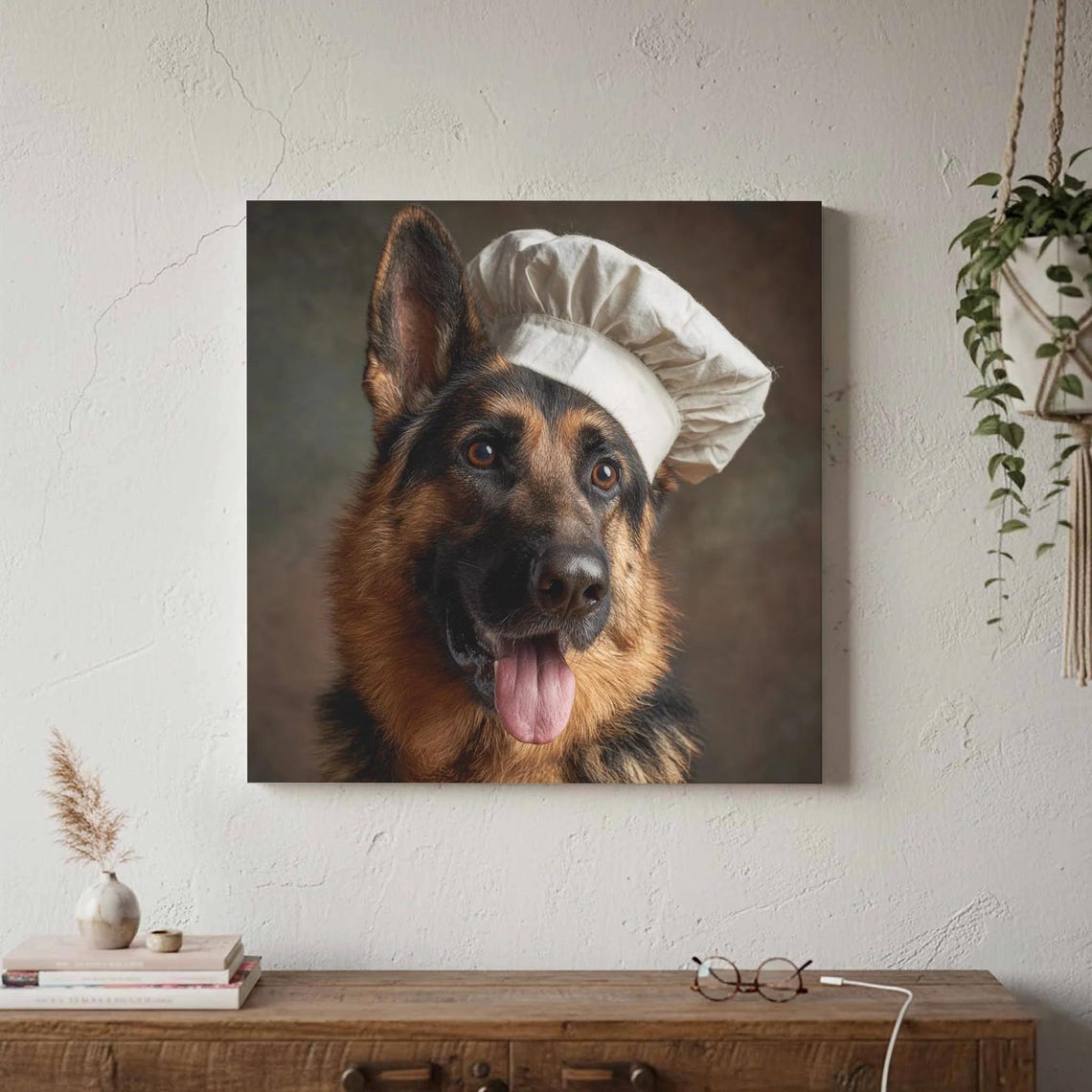 German Shepherd Chef Hat Funny Dog Portrait Kitchen Canvas Wall Art