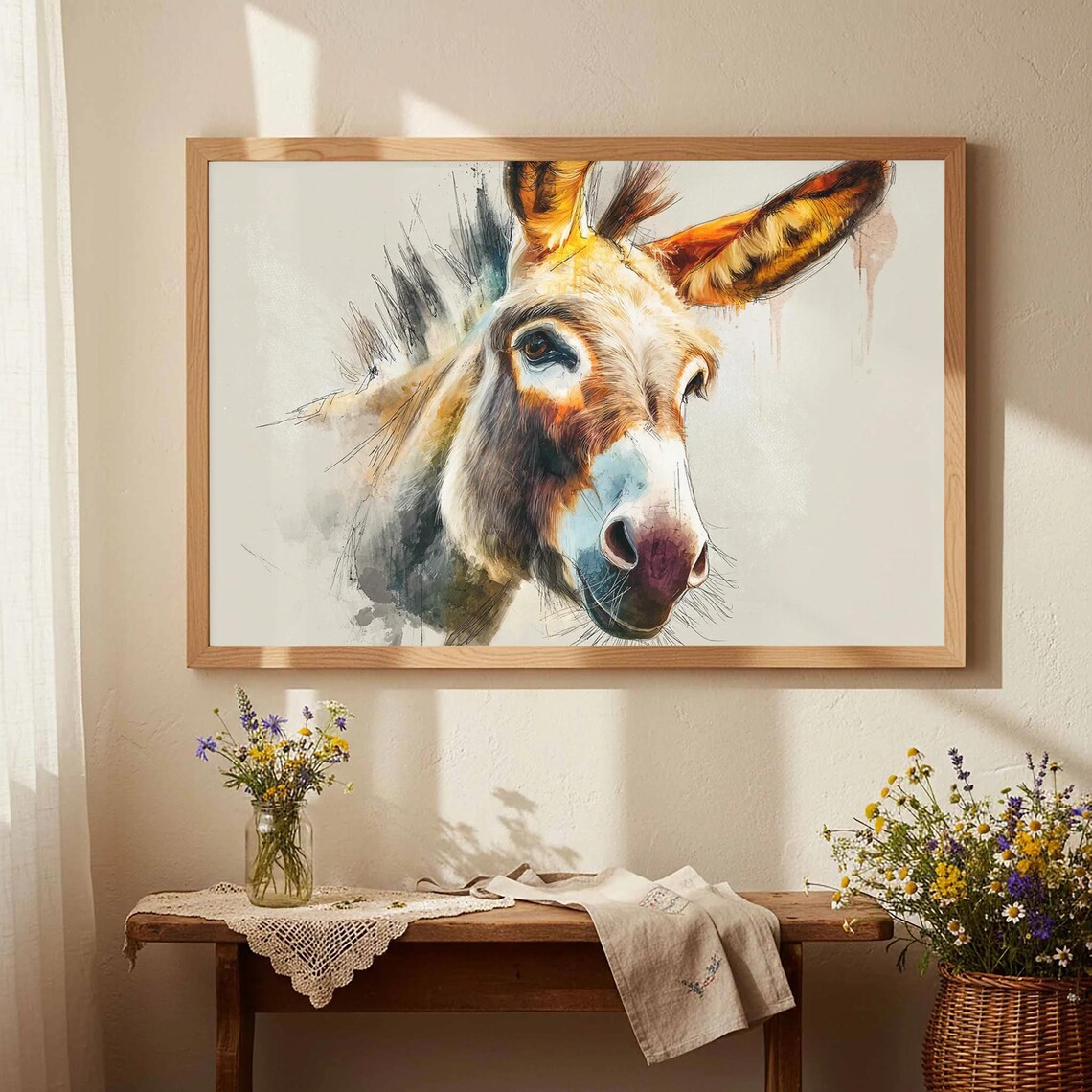 Donkey Portrait Watercolor Rustic Farm Animal Art Wall Poster