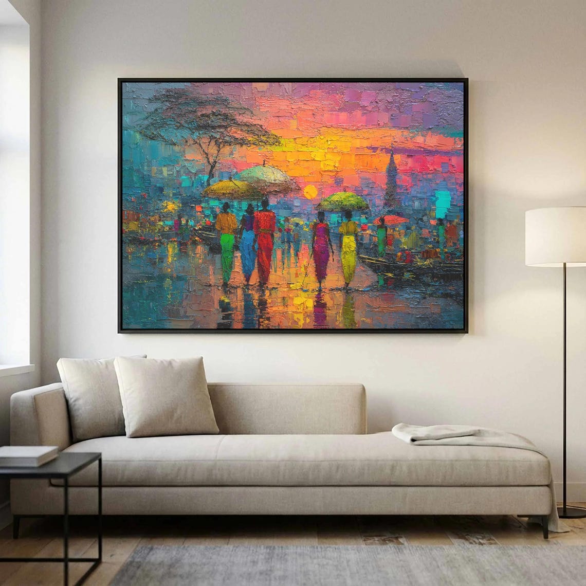 African Cityscape Canvas Art Vibrant Sunset Oil Painting