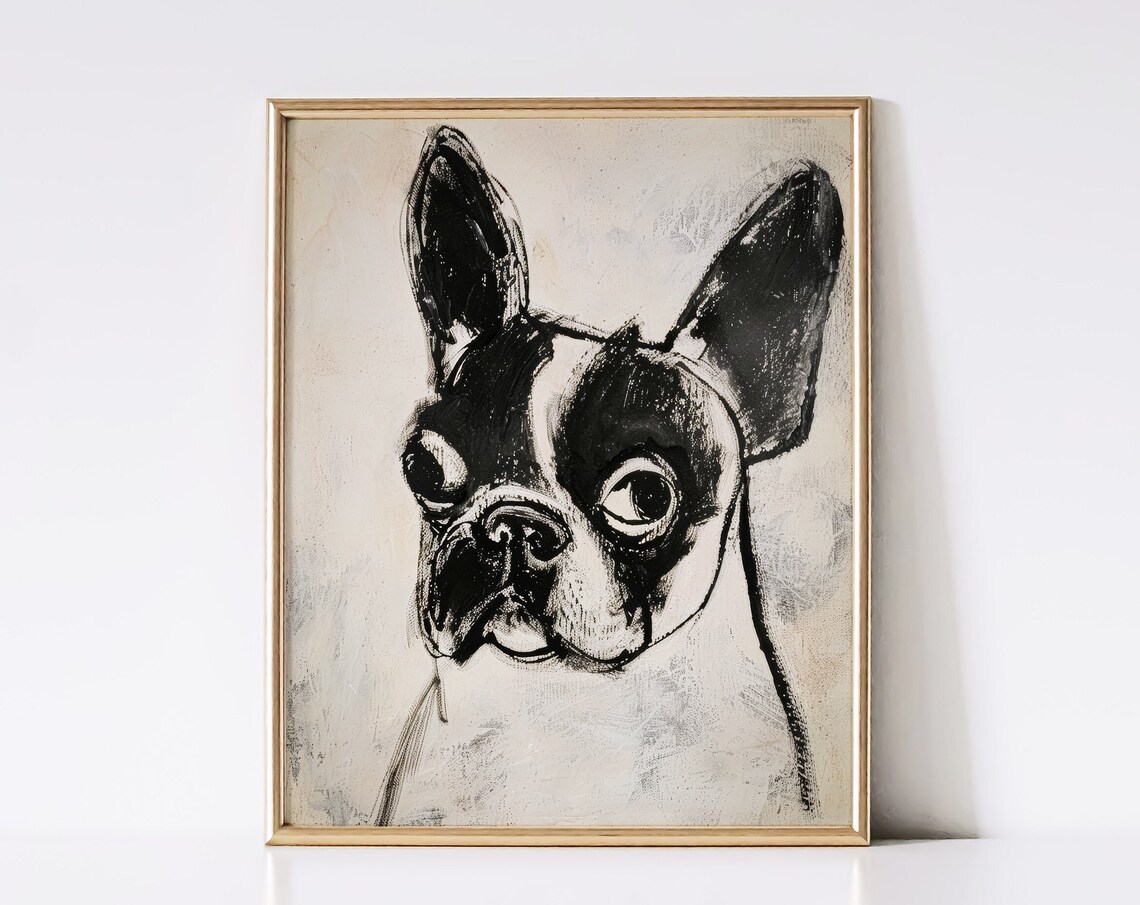 French Bulldog Quirky Black Ink Face Portrait Sketch Neutral Art Print
