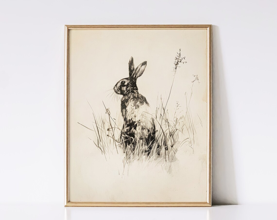 Dark Rabbit In Tall Grasses Antique Ink Sketch Vintage Bunny Drawing Print
