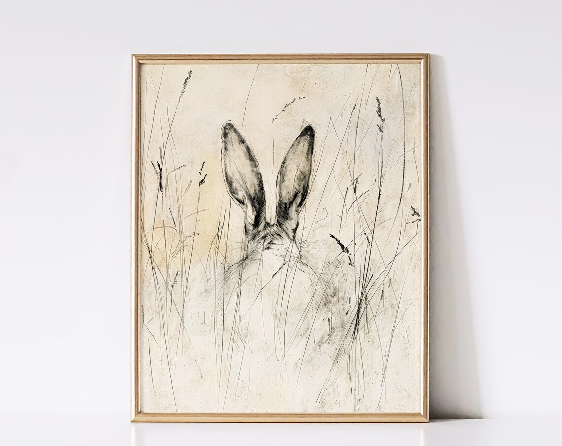 Rabbit Ears Peeking Through Tall Grasses Antique Sketch Neutral Print