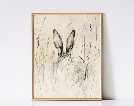 Rabbit Ears Peeking Through Tall Grasses Antique Sketch Neutral Print