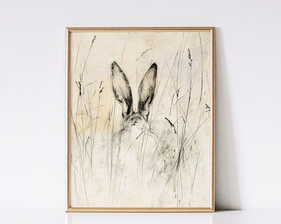 Rabbit Ears Sketch Wall Art Antique Vintage Print Cottagecore Nursery Art Cute Bunny Neutral Instant
