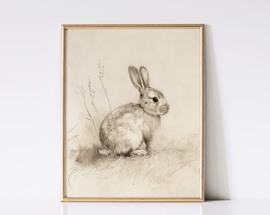 Small Bunny Sitting In Grasses Soft Pencil Sketch Neutral Nursery Print