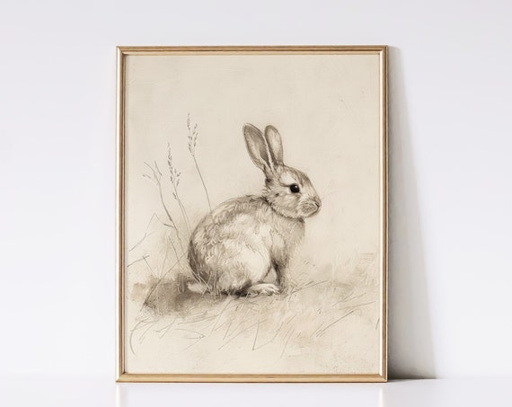 Antique Rabbit Sketch Wall Art Vintage Print Cottagecore Nursery Art Cute Bunny Minimalist Neutral Instant