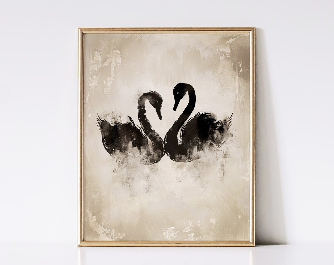 Two Black Swans Ink Wash Painting Minimalist Neutral Beige Wall Art