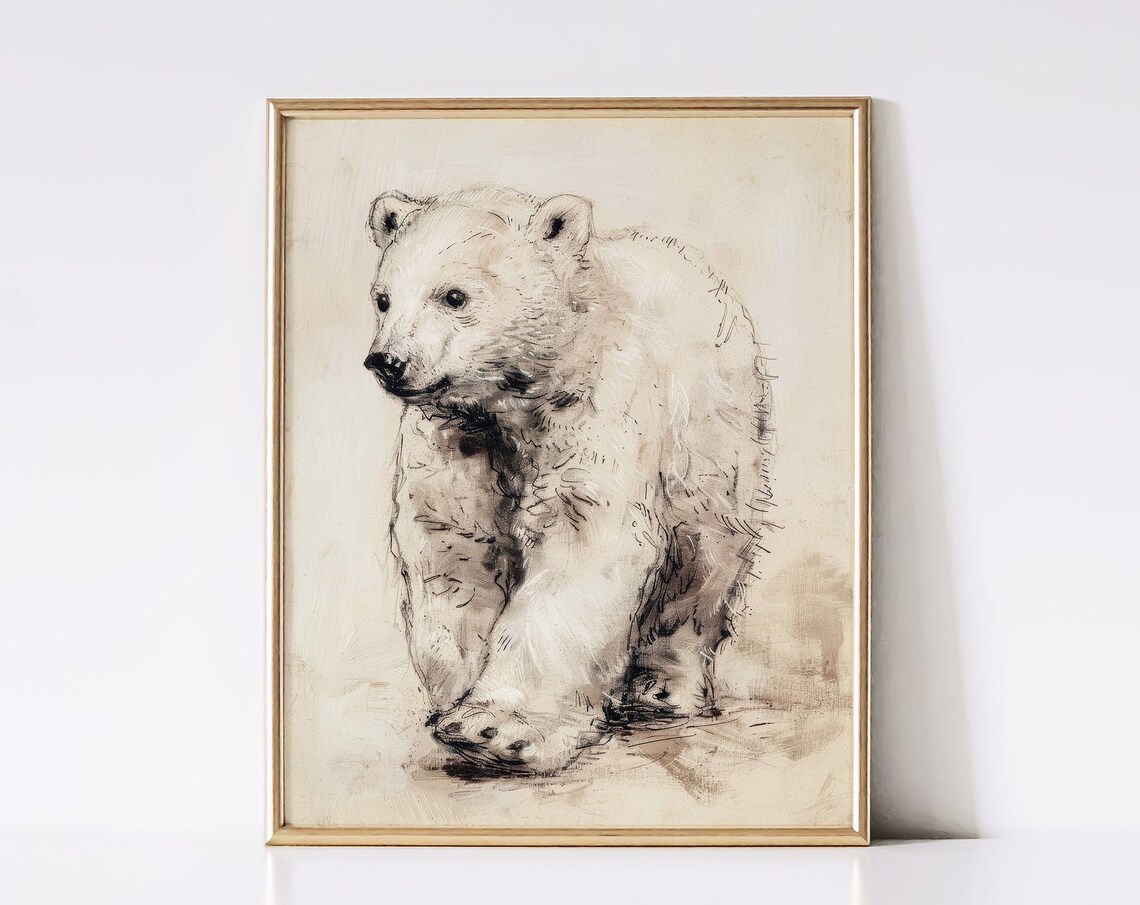 Baby Polar Bear Cub Walking Sketch Soft Neutral Vintage Wildlife Drawing Print