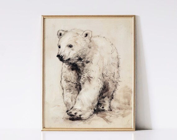 Baby Polar Bear Cub Walking Sketch Soft Neutral Vintage Wildlife Drawing Print