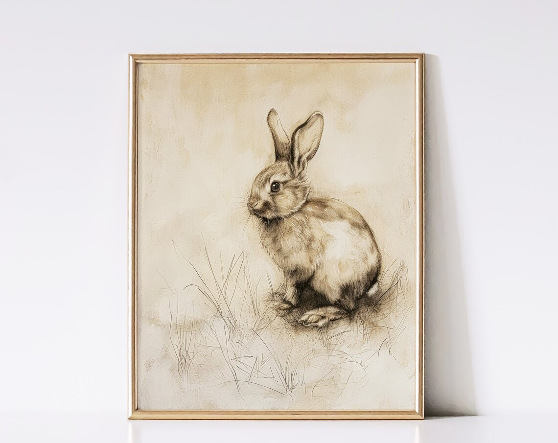 Alert Brown Bunny With Bent Ear Sepia Sketch Vintage Rabbit Drawing Print