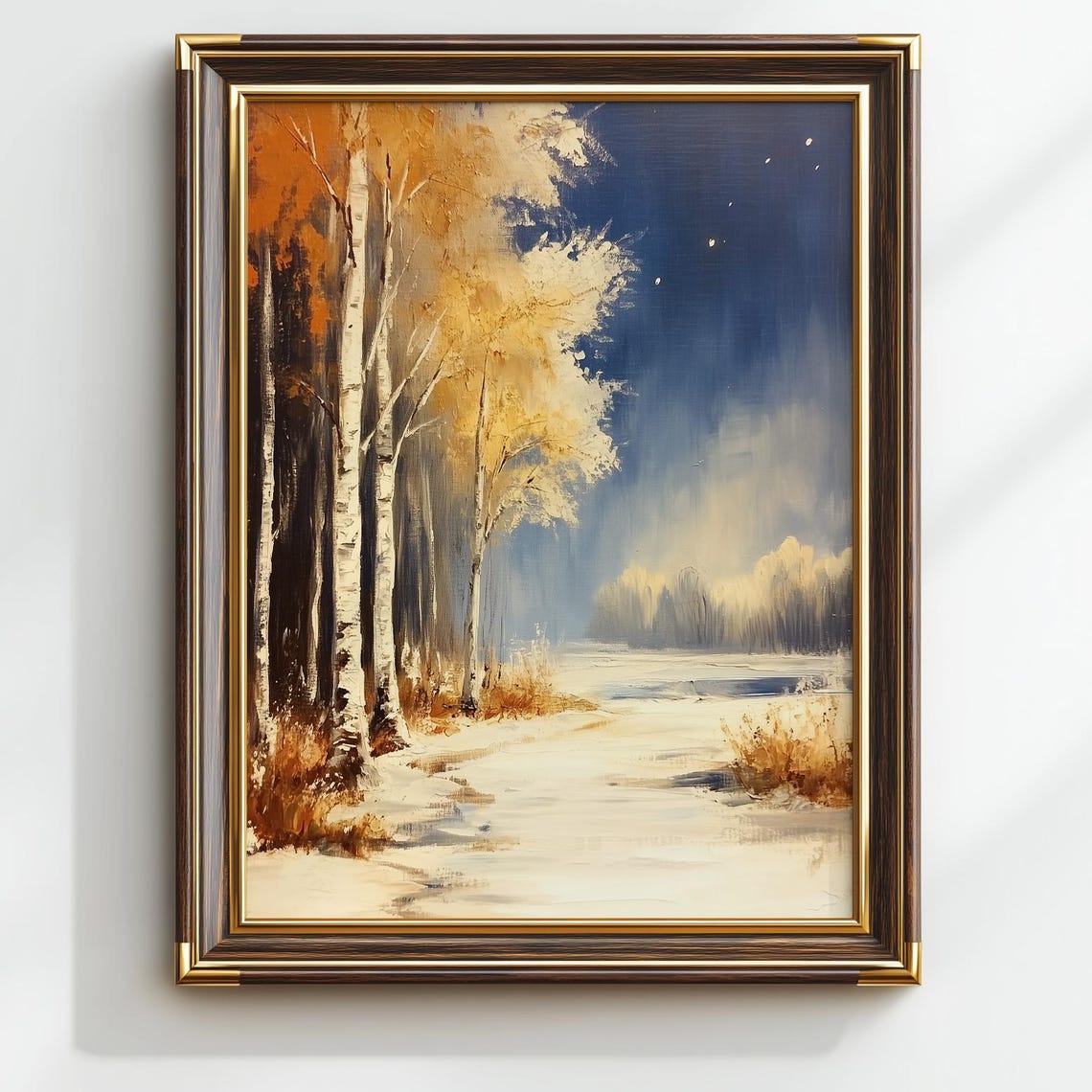 Moonlit Birch Forest Winter Path Starlit Night Landscape Art Poster