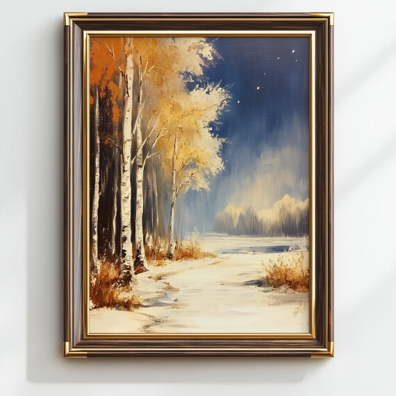 Winter Forest Path Painting Moody Starlit Landscape