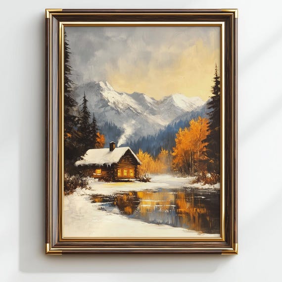 Winter Cabin Lake Landscape Painting Rustic Wall Art