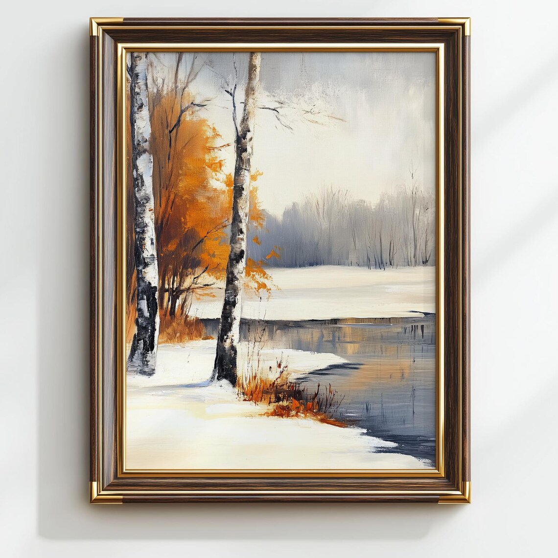 Winter Birch Trees Frozen River Golden Leaves Oil Painting Print